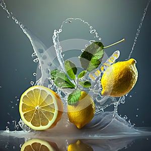 A 3D burst of Fresh Healthy lemons fruits Splash and mint leaves. Healthy foods with Zesty Hydration.