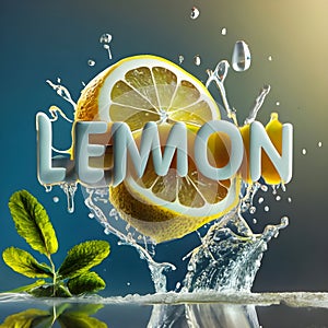 A 3D burst of Fresh Healthy lemons fruits Splash and mint leaves. Healthy foods with Zesty Hydration.