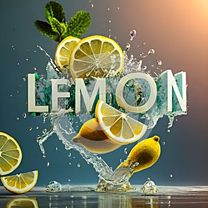 A 3D burst of Fresh Healthy lemons fruits Splash and mint leaves. Healthy foods with Zesty Hydration.