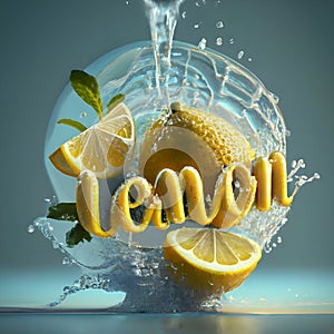 A 3D burst of Fresh Healthy lemons fruits Splash and mint leaves. Healthy foods with Zesty Hydration.