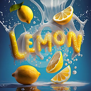 A 3D burst of Fresh Healthy lemons fruits Splash and mint leaves. Healthy foods with Zesty Hydration.