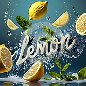 A 3D burst of Fresh Healthy lemons fruits Splash and mint leaves. Healthy foods with Zesty Hydration.