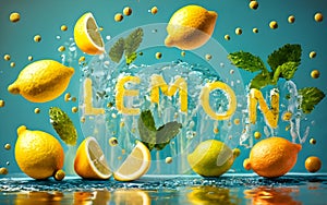 A 3D burst of Fresh Healthy lemons fruits Splash and mint leaves. Healthy foods with Zesty Hydration.