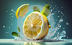 A 3D burst of Fresh Healthy lemons fruits Splash and mint leaves. Healthy foods with Zesty Hydration.