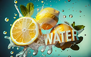 A 3D burst of Fresh Healthy lemons fruits Splash and mint leaves. Healthy foods with Zesty Hydration.