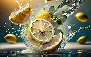 A 3D burst of Fresh Healthy lemons fruits Splash and mint leaves. Healthy foods with Zesty Hydration.