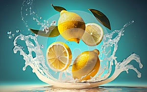 A 3D burst of Fresh Healthy lemons fruits Splash and mint leaves. Healthy foods with Zesty Hydration.