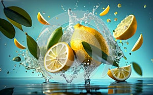 A 3D burst of Fresh Healthy lemons fruits Splash and mint leaves. Healthy foods with Zesty Hydration.