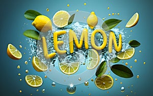 A 3D burst of Fresh Healthy lemons fruits Splash and mint leaves. Healthy foods with Zesty Hydration.