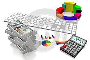 3D business chart, money, calculator, white background