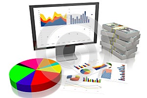 3D business charts, computer, money, white background