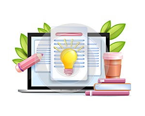 3D business content vector illustration, storytelling creative writing concept, digital document, bulb.