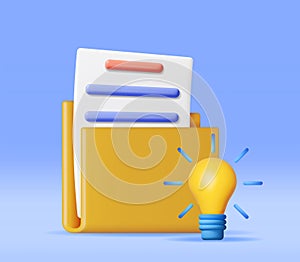 3D Business Folder full of Papers and Idea Bulb