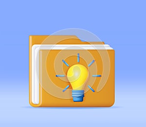 3D Business Folder full of Papers and Idea Bulb