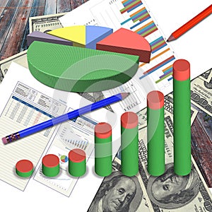 3D Business graph on the dollars and business document