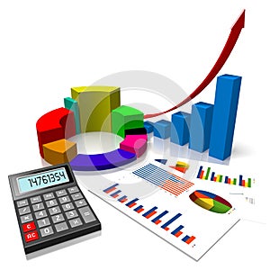 3D business growth chart, calculator, white background
