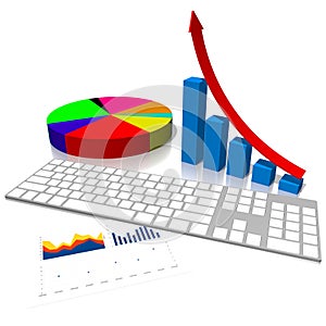 3D business growth chart, pie chart, keyboard, white background