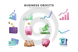 3D Business icons set. Chart growth with arrows symbol, wallet and piggy bank, wad of paper currency and credit card, money bag