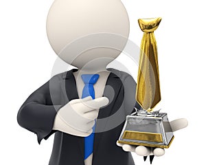 3d business man awarded with gold tie trophy