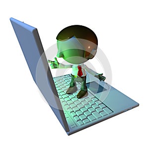 3d business man character standing on laptop