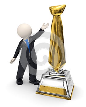 3d business man and gold tie trophy award icon