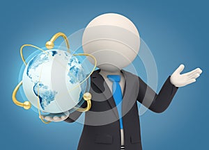 3d business man holding an atomic earth globe