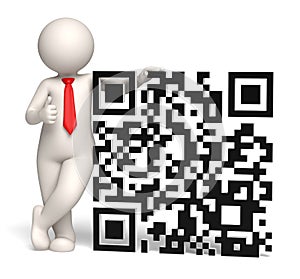 3d business man showing thumbs up near a QR code