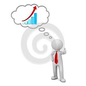 3d business man standing and showing thumbs up like with growth graph chart in thought bubble concept