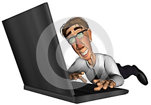 3d business man working on laptop cartoon