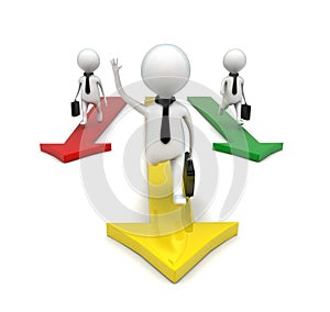 3d business people running on arrows , while one of them is succeeding others concept