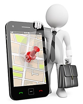 3D business white people. Mobile phone with GPS