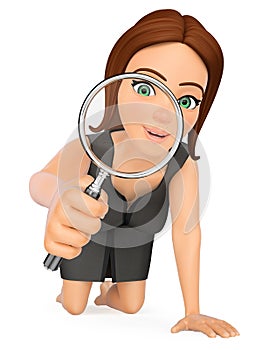 3D Business woman kneeling looking through a magnifying glass