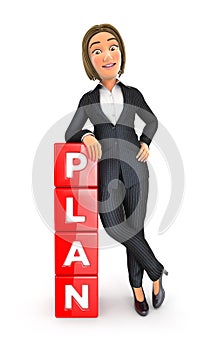 3d business woman leaning against plan word