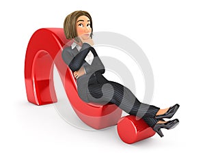 3d business woman lying on question mark