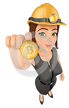 3D Business woman mining a cryptocurrency bitcoin