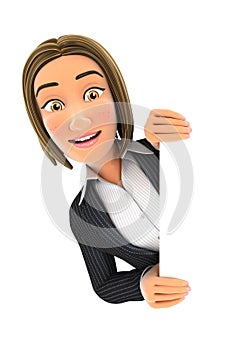3d business woman peeping over blank wall