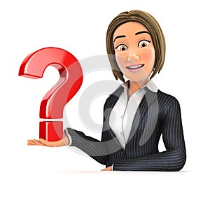 3d business woman presenting question mark