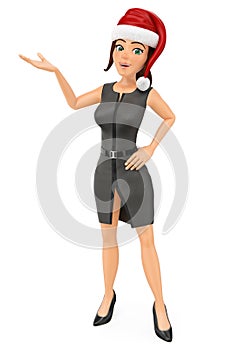 3D Business woman with santa hat pointing aside with hand