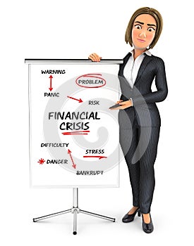 3d business woman writing financial crisis on paperboard