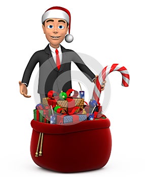 3D businessman with a bag of gifts