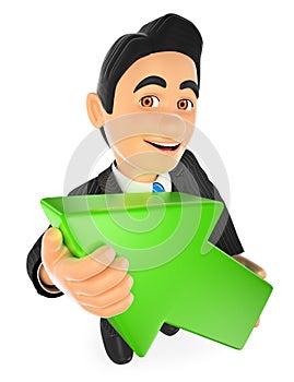 3D Businessman with a big green arrow