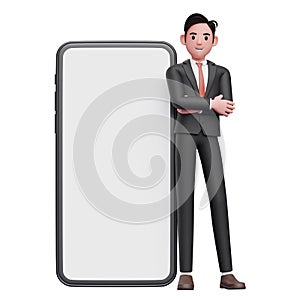 3d businessman in black formal suit crosses arms and leans on mobile phone with big white screen