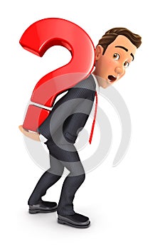 3d businessman carrying heavy question mark