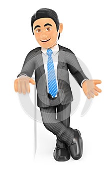 3D Businessman with crossed legs showing something