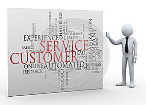 3d businessman and customer service wordcloud