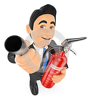 3D Businessman with a fire extinguisher. Occupational risk