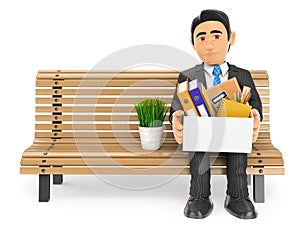 3D Businessman fired sitting on a bench with his stuff