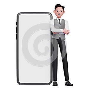 3d businessman in gray vest crosses arms and leans on mobile phone with big white screen