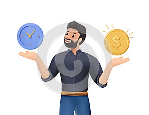 3D Businessman hand holds dollar coin and clock. Time and money balance. Income, costs, financial scale. Solution 3D