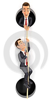 3d businessman helping colleague to climbing on rope